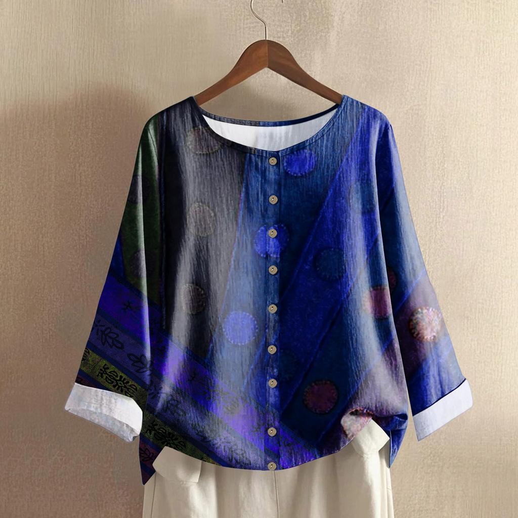 Женский повседневный топ с длинным рукавом и круглым вырезом из хлопка и льна с геометрическим принтом в стиле ретро