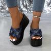 Large Size Super High Heel Slippers Denim Blue Slope Heel One-Word Slippers Wedge SlipperS
