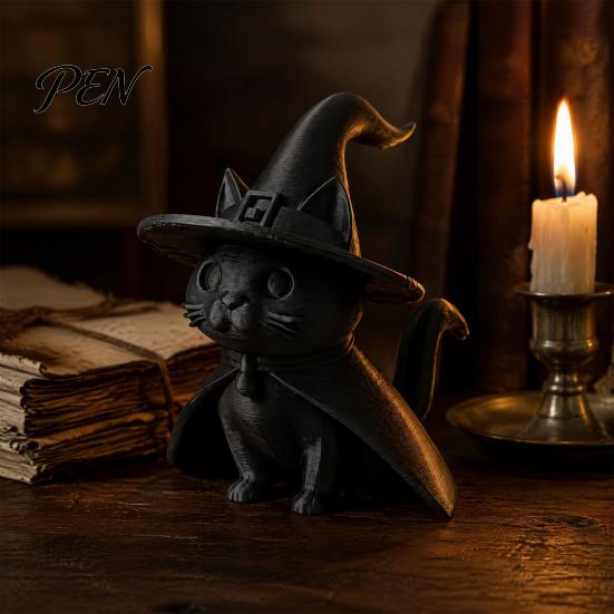 Retro Aesthetic Desk Accessories Gothic Witch Hat Black Cat Figurine, 3D Printed Wizard Cloak Kitten Unique Witchy Room Decor Statue, Spooky