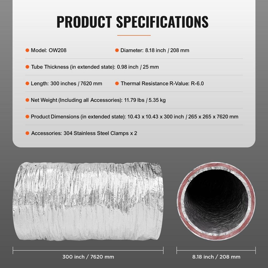 Dryer Vent Hose, 203.2MM Insulated Flexible Duct 7.62M Long with 2 Duct Clamps, Heavy-Duty Three Layer Protection for HVAC Heating Cooling Ventilation