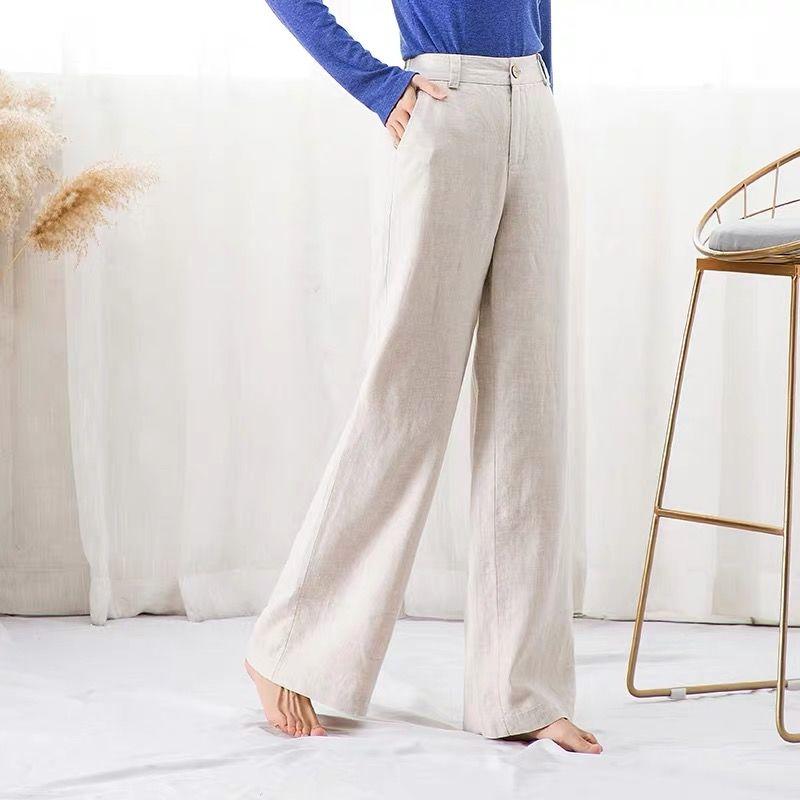 Summer Womens Pants Cotton Linen Waist Colors Wide Leg Trousers Female Street Style