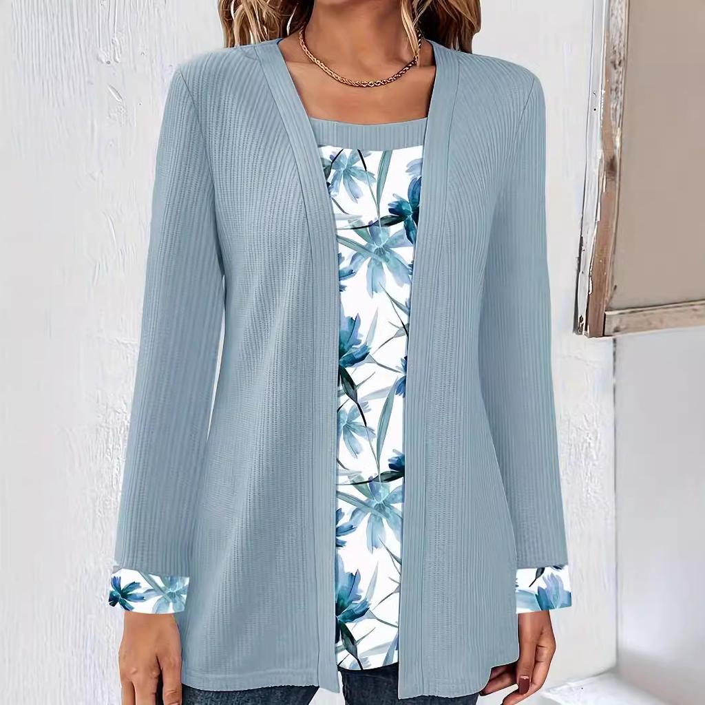 Осенне-весенний женский фальшивый топ из двух частей с квадратным воротником и принтом, блузки, повседневная свободная футболка с длинным рукавом