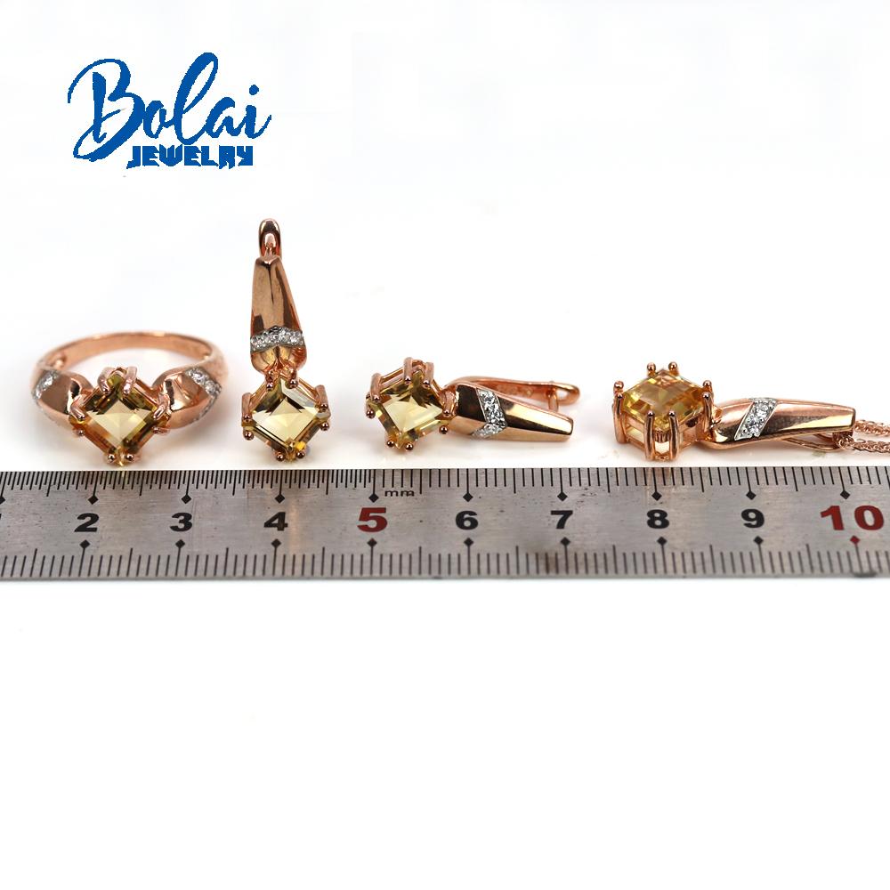 Bolaijewelry Натуральный цитрин Квадратный драгоценный камень Кольцо Серьги Подвеска Комплект ювелирных изделий Стерлинговое серебро 925 пробы Изящные украшения Подарок на годовщину для женщин