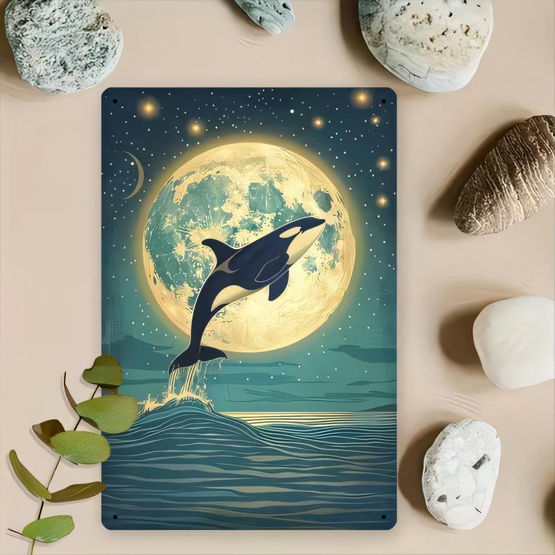 Tin Sign Space Dolphin Under the Moon Night Beach Wall Art Metal Plaque Vintage Astronaut Sea Animal Poster for Home Bar Garage