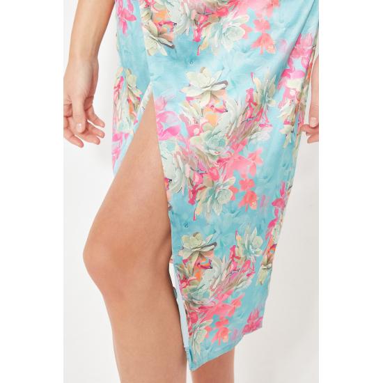 Multi Colored Floral Printed Satin Dress