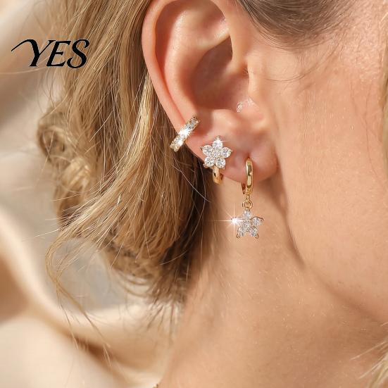 Comfortable Buckle Earrings for Women 3 Pairs Star Zirconia Flower Drop Earrings, Minimalist Dangle Modern Hoop Ladies Women, Hypoallergenic Sparkling