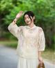 Johnature Women Stand Patchwork Shirts Chinese Style Solid Color Seven Sleeve Tops Spring Button Vintage Women Blouses