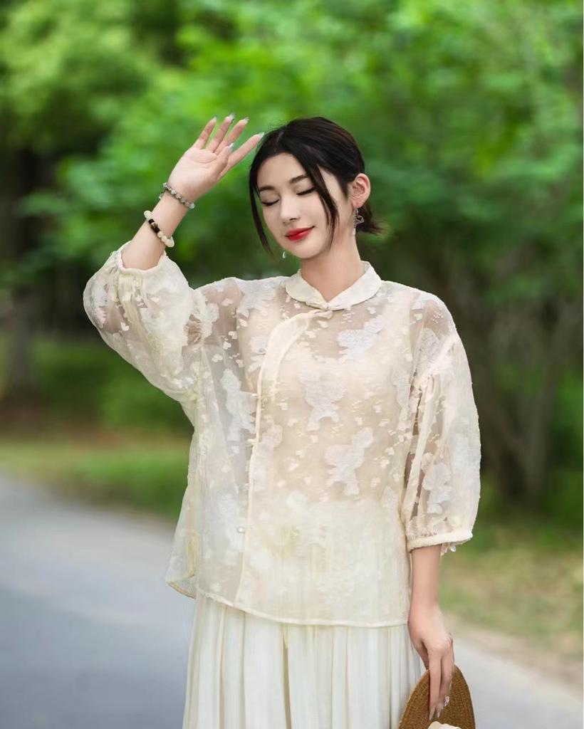 Johnature Women Stand Patchwork Shirts Chinese Style Solid Color Seven Sleeve Tops Spring Button Vintage Women Blouses