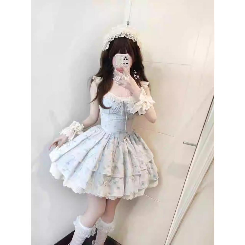 Платье Sweet Spice Girl голубое с рукавами-фонариками, милое премиальное платье принцессы-торта, женское летнее платье с пышной короткой юбкой и акцентом на талии