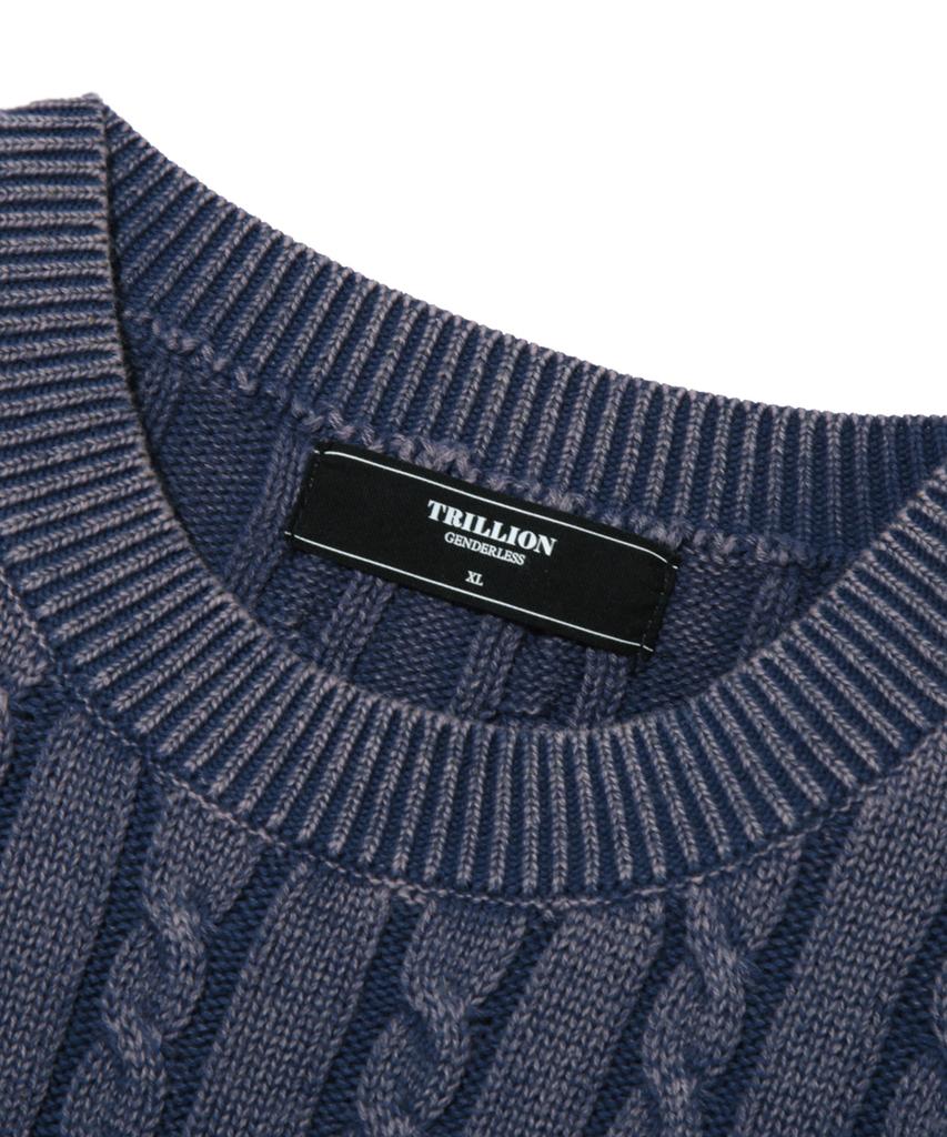 TRILLION Vintage Washed Cable Half Sleeve Knit [Navy Blue]