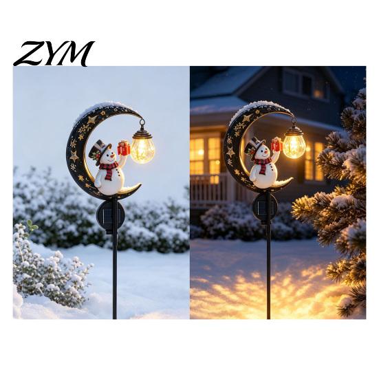 Solar Powered Garden Stake Lights Snowman Light, Crescent Moon Lamp, Winter Wonderland Backyard Decoration Warm Glow Waterproof Pathway Light