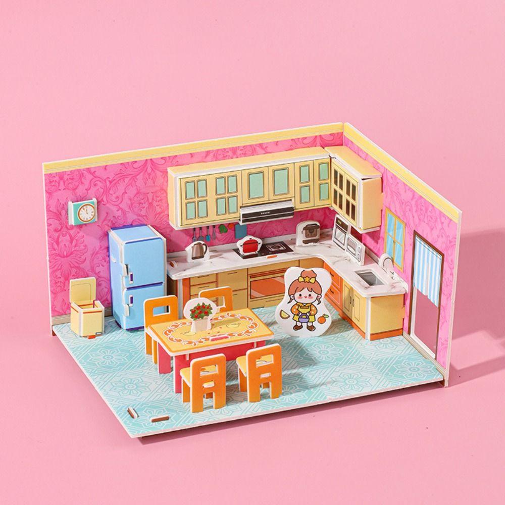3D Model 3D Room Cardboard Kitchen Room Model Craft Toys Cute 3D Room Model Puzzle Toys  Kids