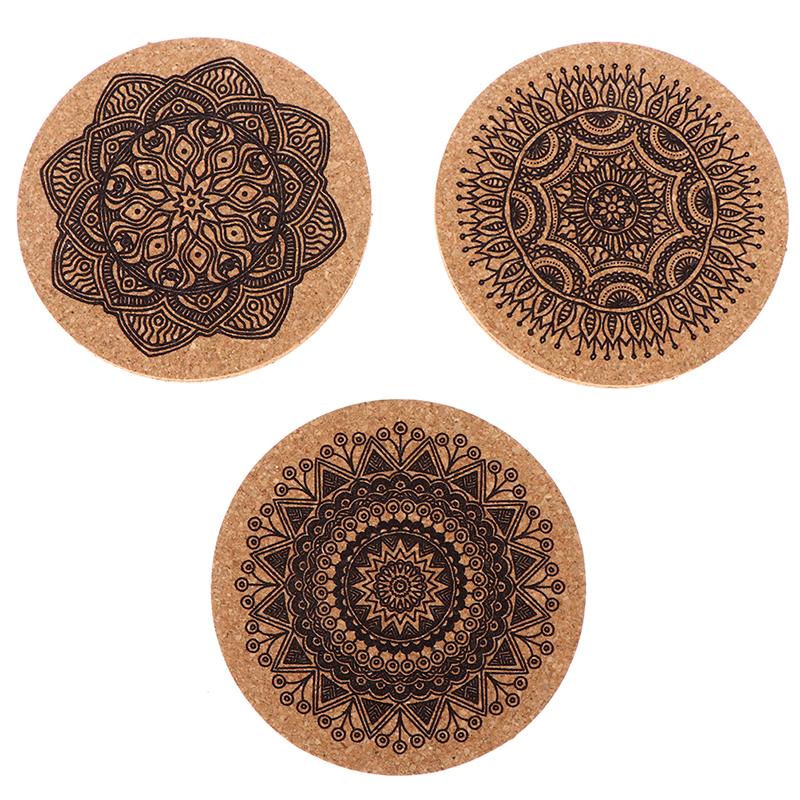 12Pcs Mandala Design Round Shape Wooden Coasters With Rack Round Cork Coaster