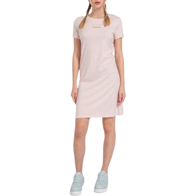 Emporio Armani EA7 Весна-Лето 2024 Однотонное Платье с Принтом Логотипа, Круглый Вырез, Короткий Рукав, Женские Платья, Светло-Розовый 3DTA52-TJDQZ-1422