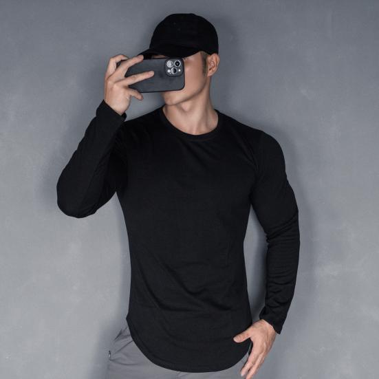 Весна Осень Мужской Топ Круглый Вырез Slim Fit Эластичный Средней Длины Футболка Длинные Рукава Пуловер Толстовка Для Дома Спортивный Тренажерный Зал Уличная Одежда