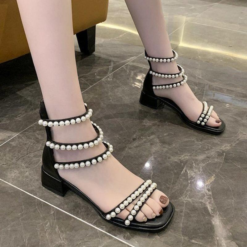 Модные жемчужины на среднем каблуке, лето 2024, женская обувь, сандалии для женщин, квадратная обувь, черный цвет, комфорт, антискользящий, горячий VIP, лучший HF