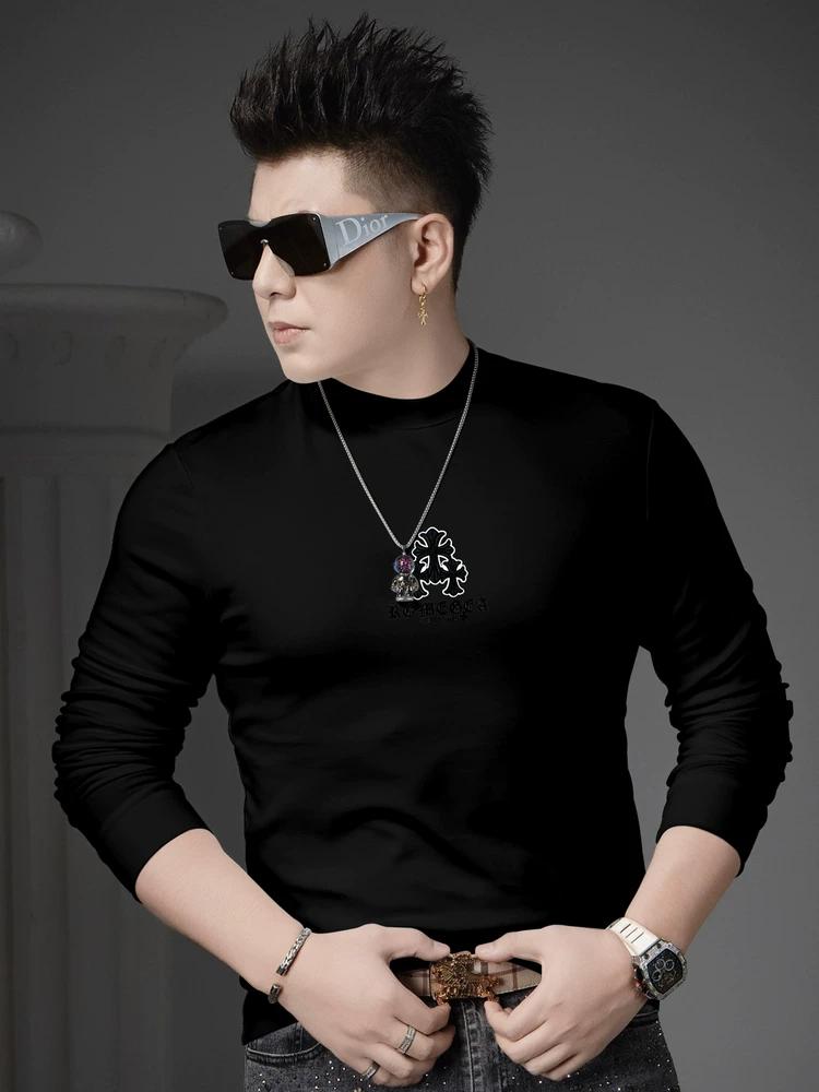 European-Style Men's Long-Sleeve T-Shirt 2025 New Trendy Brand Printed Casual Top Men's Autumn Half-Turtleneck Base Shirt