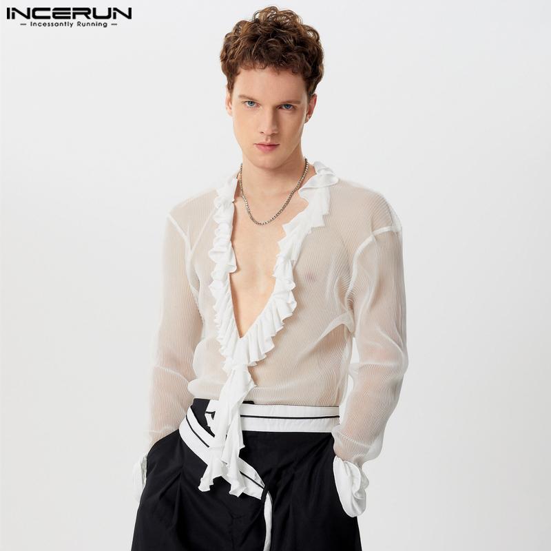 INCERUN Мужские рубашки с глубоким V-образным вырезом и длинным рукавом, оборками и сетчатыми вставками, прозрачные топы