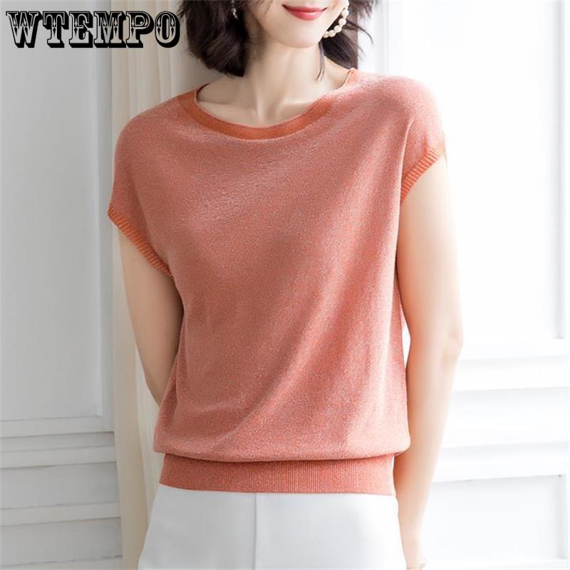 Women's Knitted T-shirt Short Sleeve Spring/Summer Korean Style Top Round Neck Ice Silk Knitted Shirt