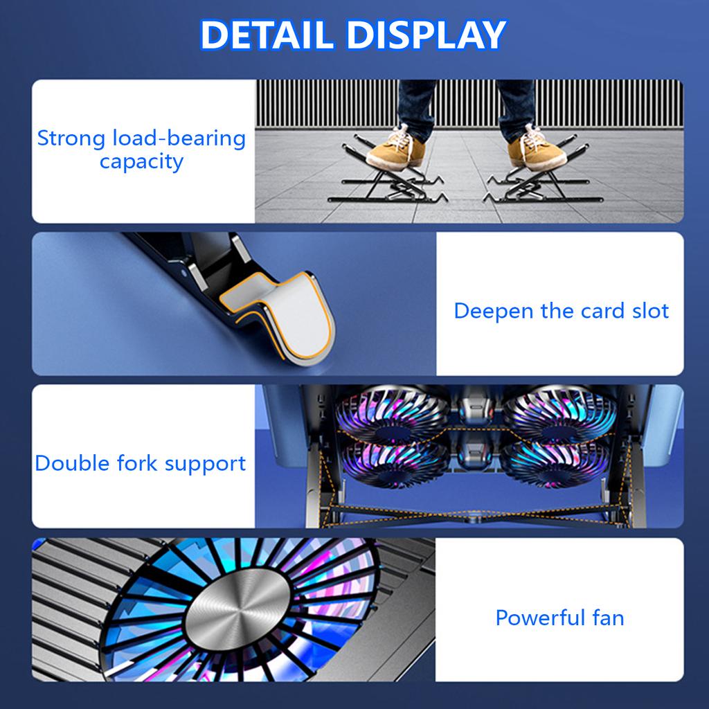 Aluminum Laptop Cooling Pad LED Gaming Laptop Coolers Quiet Cooling Fan Folding Bracket for Laptop Height Stand