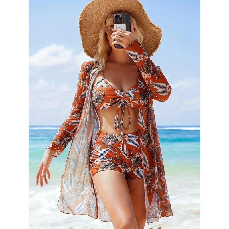 Раздельный купальник из трех частей с бикини с плоской линией бедра для женщин, новый стиль с раздельным верхом и бантом, модный пляжный и купальный наряд