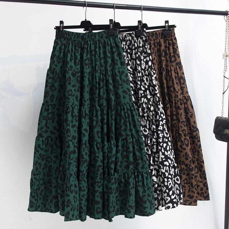 Leopard Print High-waisted Skirt Women's Spring and Summer New Drape A-line Large Skirt Was Thin Stitching Cake Skirt