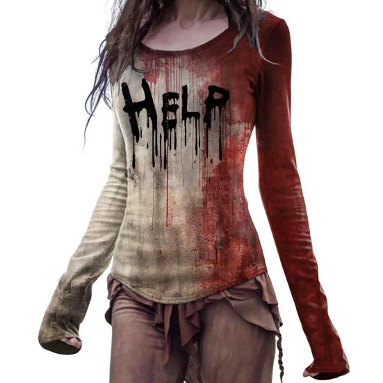 Женская футболка с принтом крови и эффектом 3D на Хэллоуин, с круглым вырезом и длинным рукавом, облегающая, эластичная