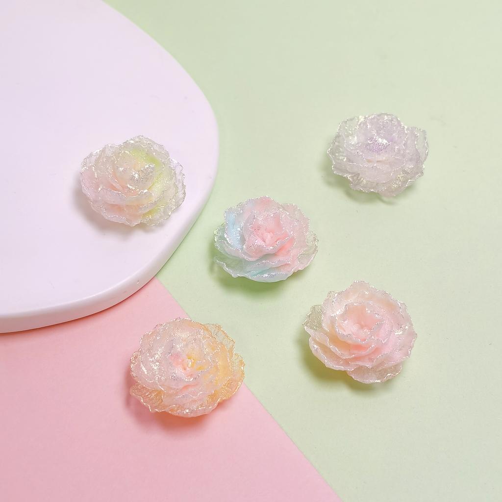 100pcs Luminous Gradient Resin Rose Flowers Flatback Cabochon Embellishment DIY Craft Phone Decoration Jewelry Accessories 23MM