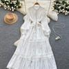 Ретро платье с рукавами-фонариками в court style для женщин, летнее, с ажурной вязкой, на пуговицах, легкий зрелый темперамент, королевская сестра, длинная юбка