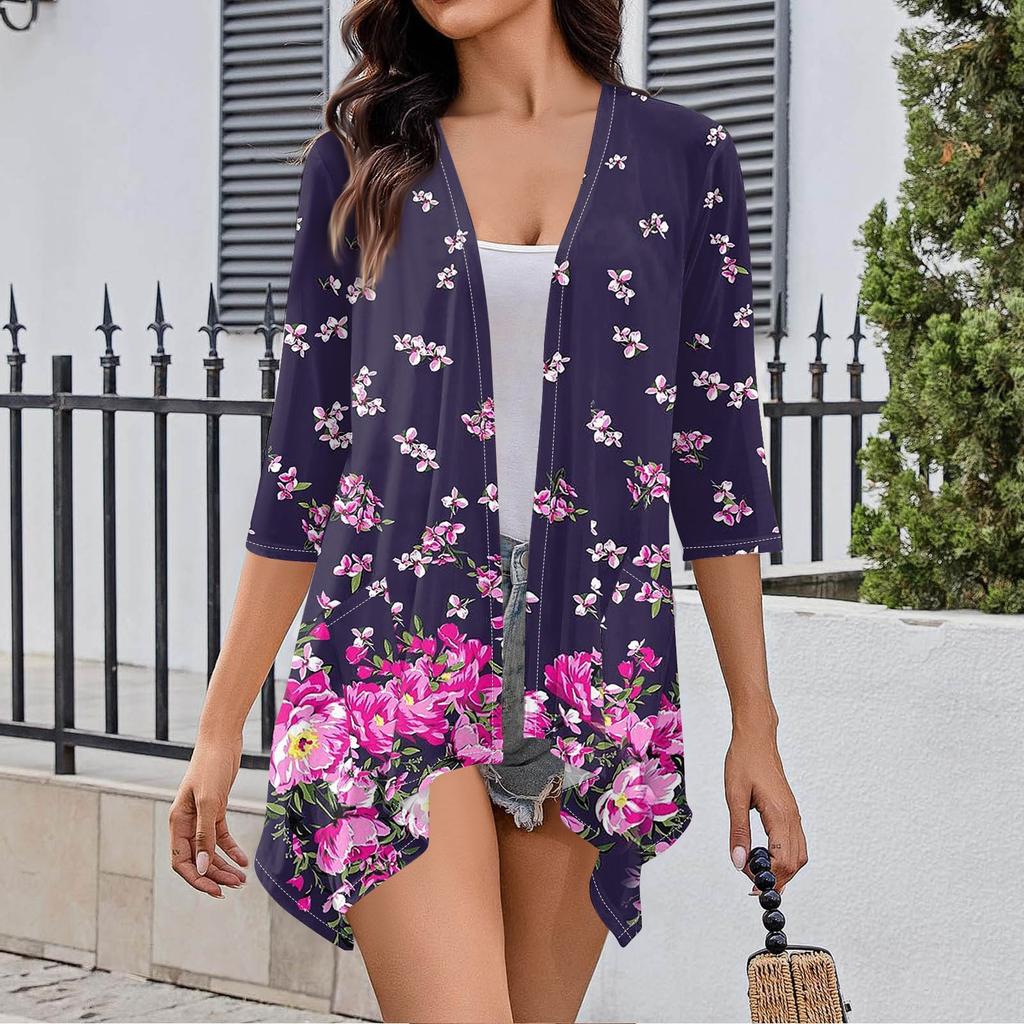 Женский кардиган неправильной формы с принтом, рукавами три четверти и карманной курткой