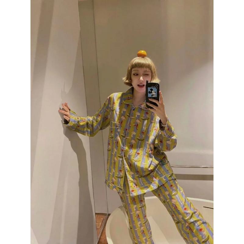 Полосатая повседневная пижама с длинными рукавами для девочек, женская, весна и осень, новый большой размер, домашняя одежда, комплект из двух предметов