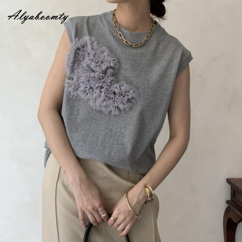 Korean Fashion Women Streetwear Sleeveless Top O Neck Black White Gray Floral T-Shirt Stylish Ladies' Basic Solid Tee