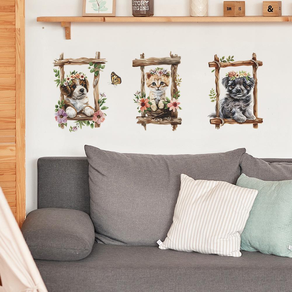 Мультяшный Кот Собака Триптих Рамка Наклейки на Стену Набор Самоклеящиеся для Детской Комнаты Настенный Декор