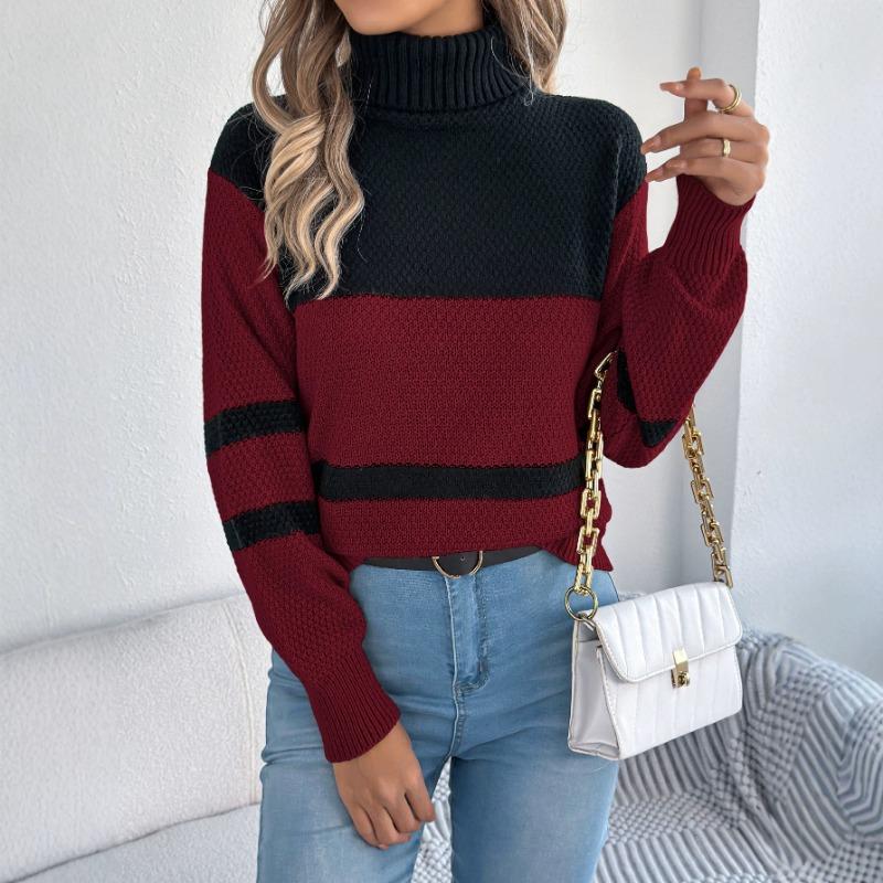 Women S Casual Striped Color Block High Neck Long Sleeve Sweater