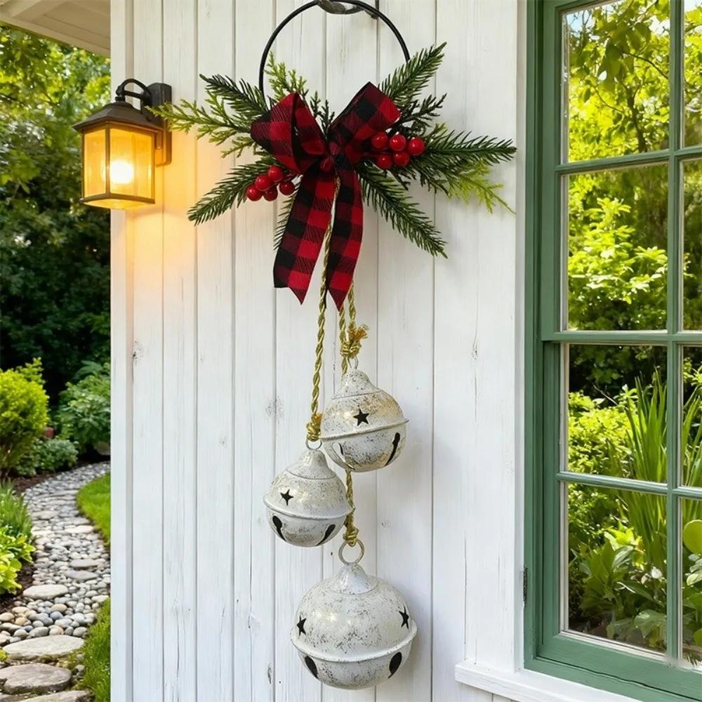 Three-Bell Christmas Tree Bell Decorations Shatterproof Rustic Style Wall Hanging Ornament with Bowknot Festive