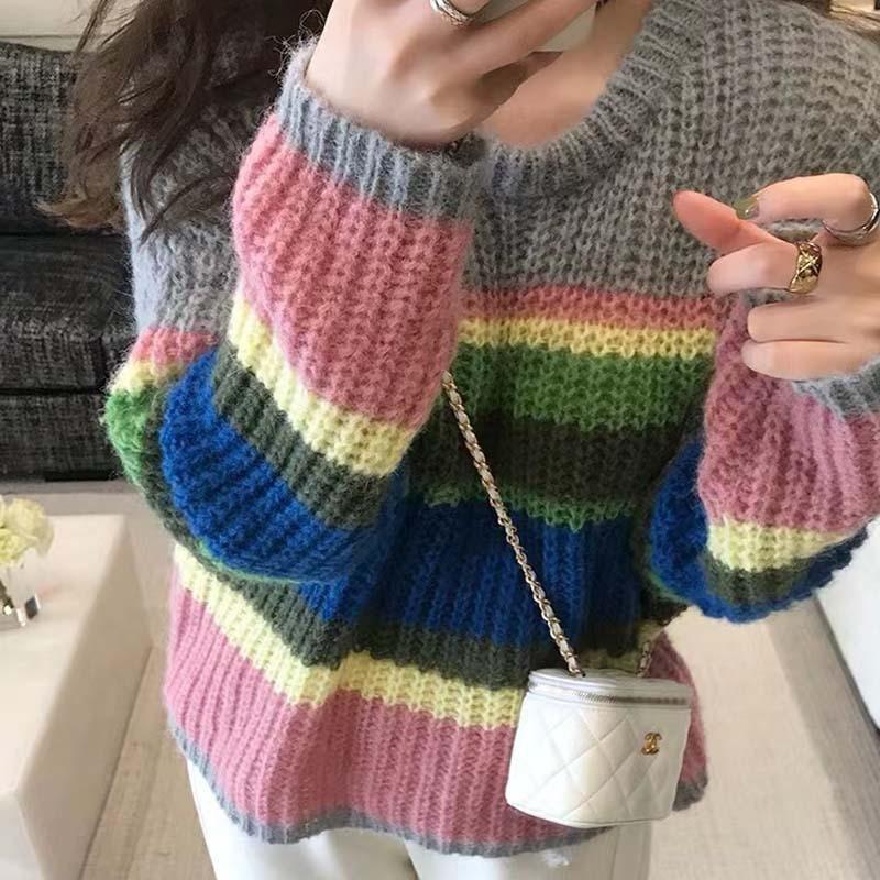 Большой вязаный Радужный свитер, женский модный полосатый контрастный пуловер с круглым вырезом, повседневный свободный милый джемпер