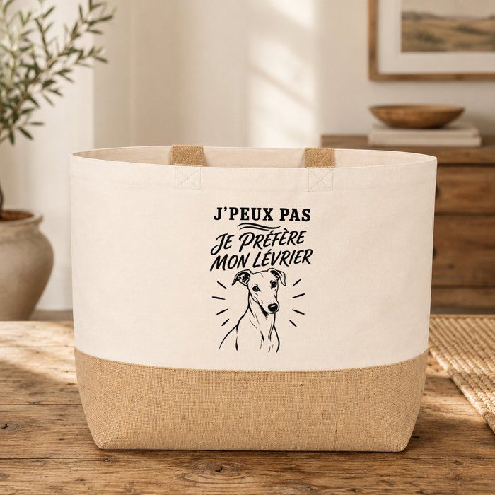 Sac J’peux pas je préfère mon Lévrier J'peux pas minimaliste | Cabas en Coton avec Fond Jute 18 L 48 × 37 × 13 cm | Marché Shopping