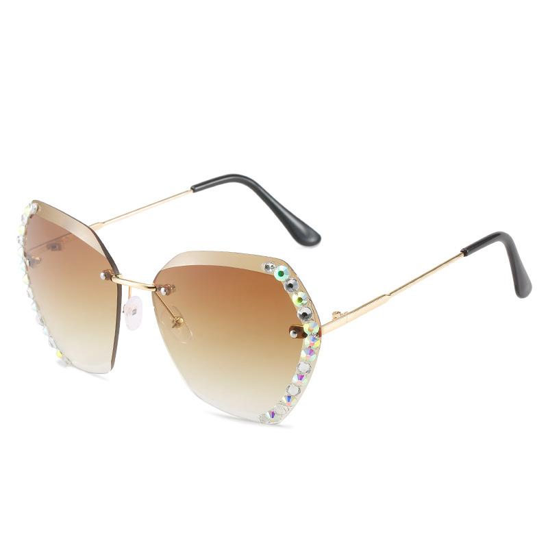 Trend frameless sunglasses, diamond-encrusted polygonal sunglasses, women's personality ocean piece gradual change color glasses