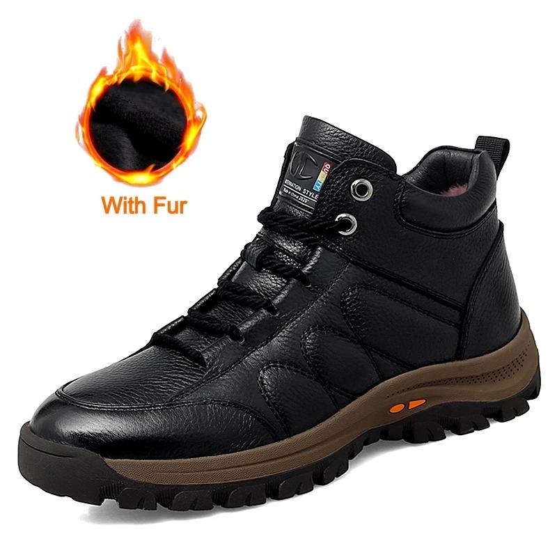 Fashion Italian Genuine Leather Men Casual Shoes Luxury Brand Fashion High Top Sneakers Shoes Winter Warm Men Outdoor Non-Slip Boots