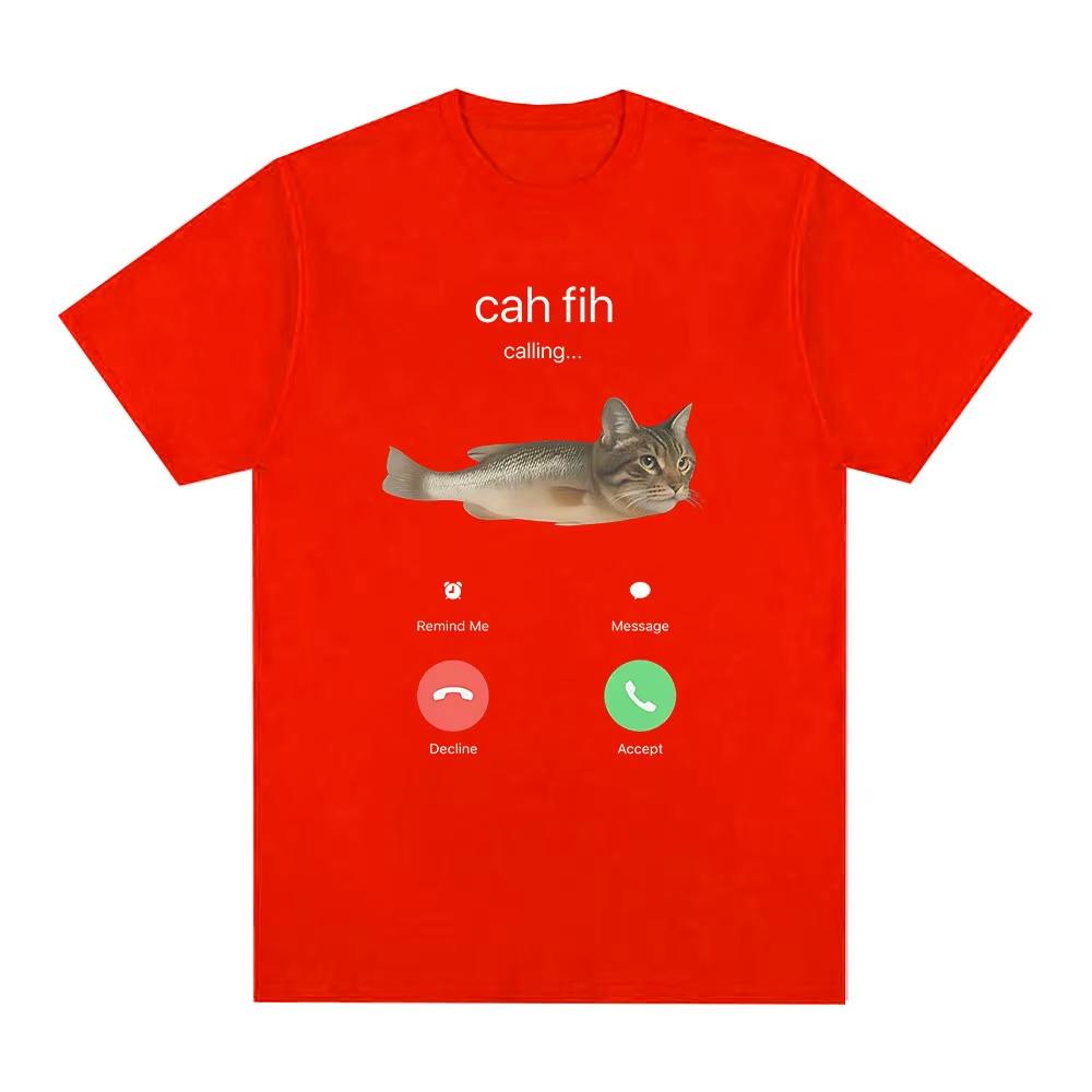 Cah Fih Meme Tshirt Funny Calling Cat Fish Hybrid Meme T Shirt Absurd Humor Internet Culture Gift Viral Short Sleeves Tops