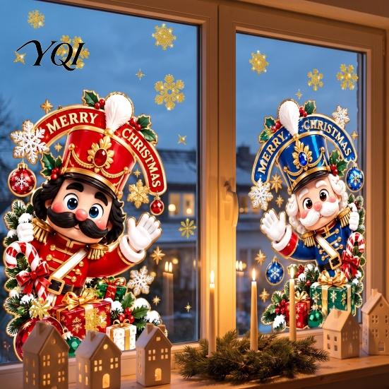 Holiday Gift Shop Decor 2Pcs Christmas Nutcracker Window Clings, Cartoon Soldier & Snowflake Static Glass Stickers, Stickers Reusable PVC for Home and