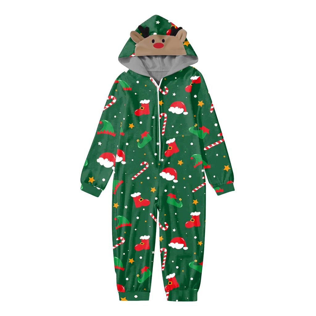 Christmas Print Family Matching Hooded Long Sleeved Zippered Jumpsuit Set