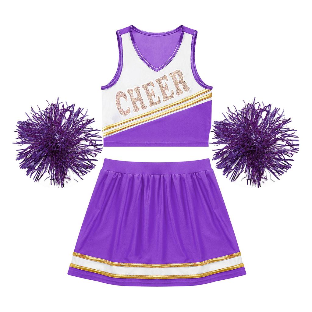 Детский костюм черлидинга для девочек, укороченный топ без рукавов с юбкой, комплект с цветочным шариком