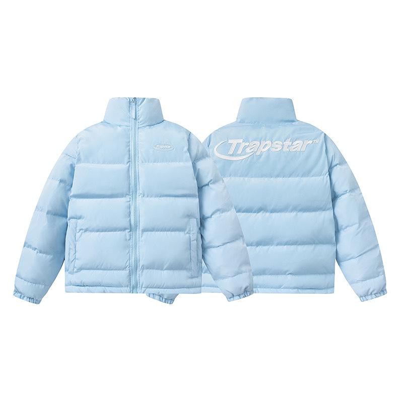 Trapstar Retro Stand Collar Blue Cotton Jacket with Small Logo Embroidery - Loose Fit Outerwear for Couples