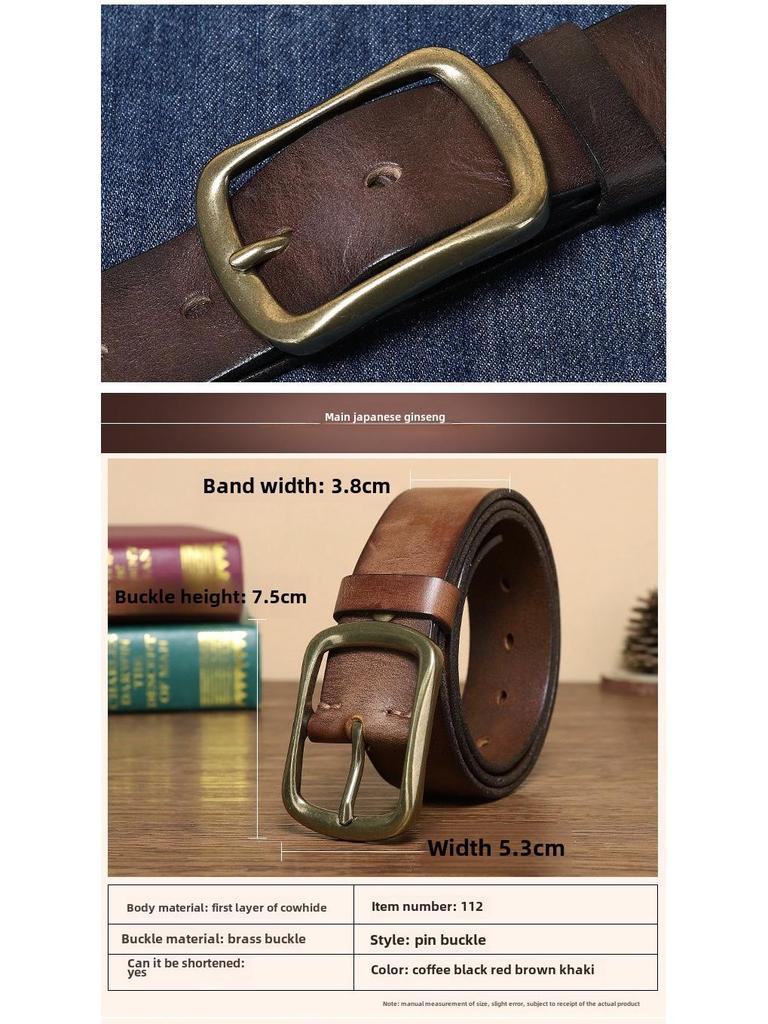 Мужской модный ретро-ремень из кожи ручной работы с медной пряжкой