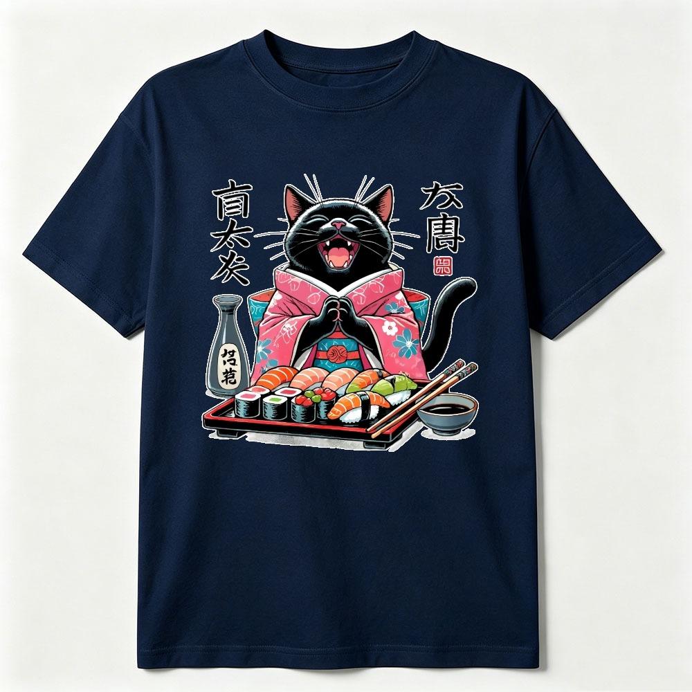 Sushi Loving Cat Graphic Tee Japanese Style Black Kitten Kawaii Food Lover Gift Unisex Unisex Fashion Top Cotton Shortsleeve