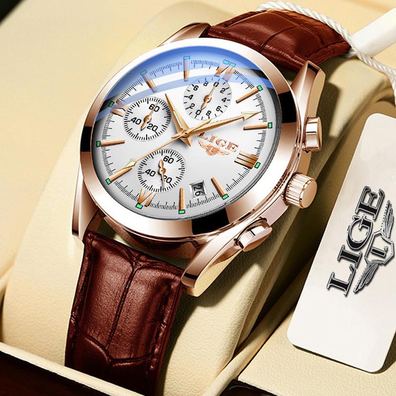 Мужские водонепроницаемые часы на кожаном ремешке