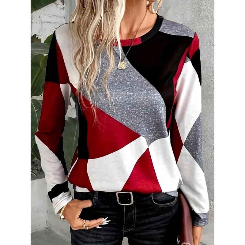 Women's T-shirts 3D Irregular Geometric Printing Fashion Long-sleeved Round Neck Regular Tops Holiday Weekend Spring and Autumn