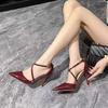 Thin Heel Pointed Burgundy High Heels 2025 Autumn New Popular Banquet Simple Red Patent Leather Women's Hollow Sandals