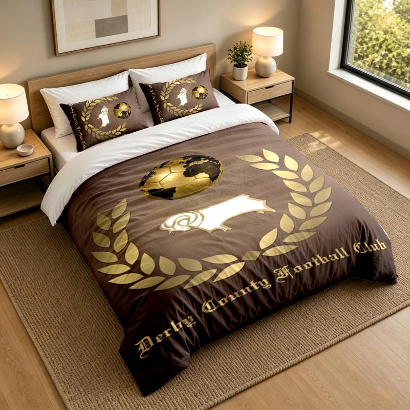 3-Piece Bed Sheet Set with Derby County FC Design, 1 Flat Sheet and 2 Pillowcases for Bedroom